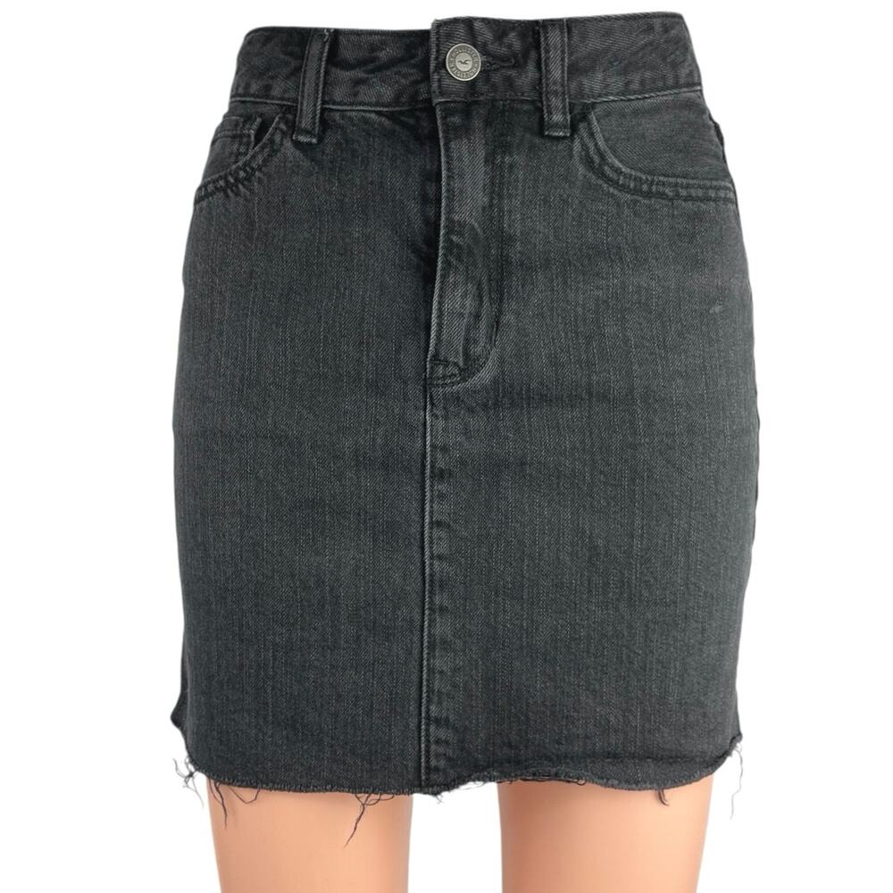 Hollister Black High Waisted Raw Hem Cut Off Pencil Mini Denim Jean Skirt Size 0